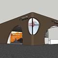 Contemporary Exhibition Booth Design With Arched Structure Brand Signage Display Cabinets And Poster