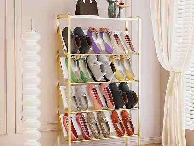Gold Metal Multi Tier Shoe Rack With Various Shoes And Handbag On Top 3d model