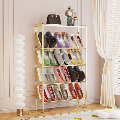 Gold Metal Multi Tier Shoe Rack With Various Shoes And Handbag On Top 3d model