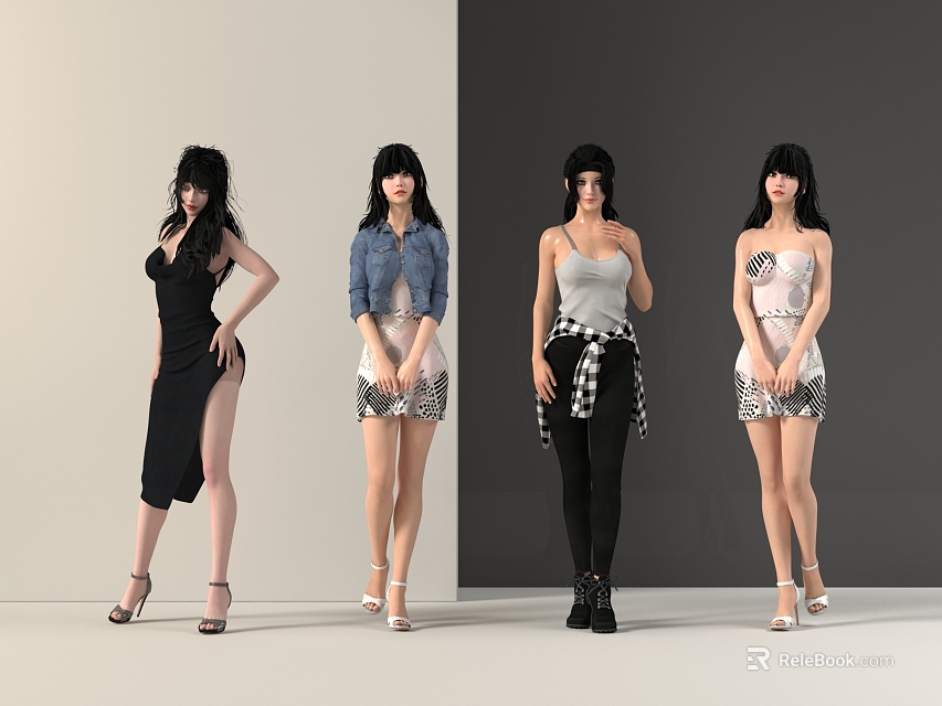Four Women Displaying Different Outfits With Various Standing Poses 3d model 