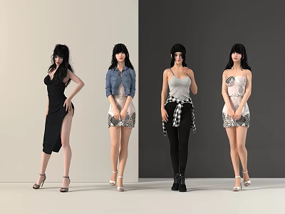 Four Women Displaying Different Outfits With Various Standing Poses 3d model