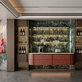 Modern Wine Cabinet With Marble Backsplash Glass Shelves LED Lighting And Dark Wood Storage