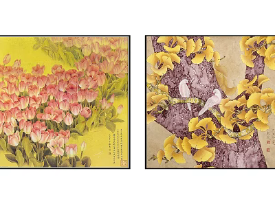 Botanical Paintings Featuring Pink Tulips Yellow Background And Yellow Flowers With Two Birds 3d model