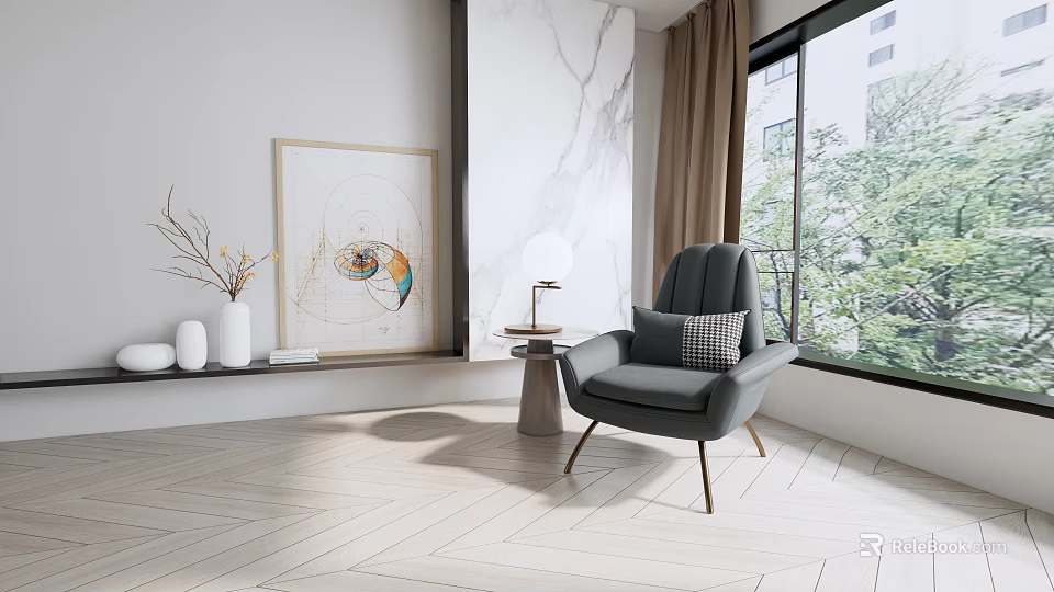 Modern Gray Accent Chair In Living Room With Marble Wall Side Table And Window View 3d model 