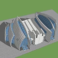 Modern Convention Center Architecture Featuring Glass Facade Curved Structures Green Lawn And Blue Sky