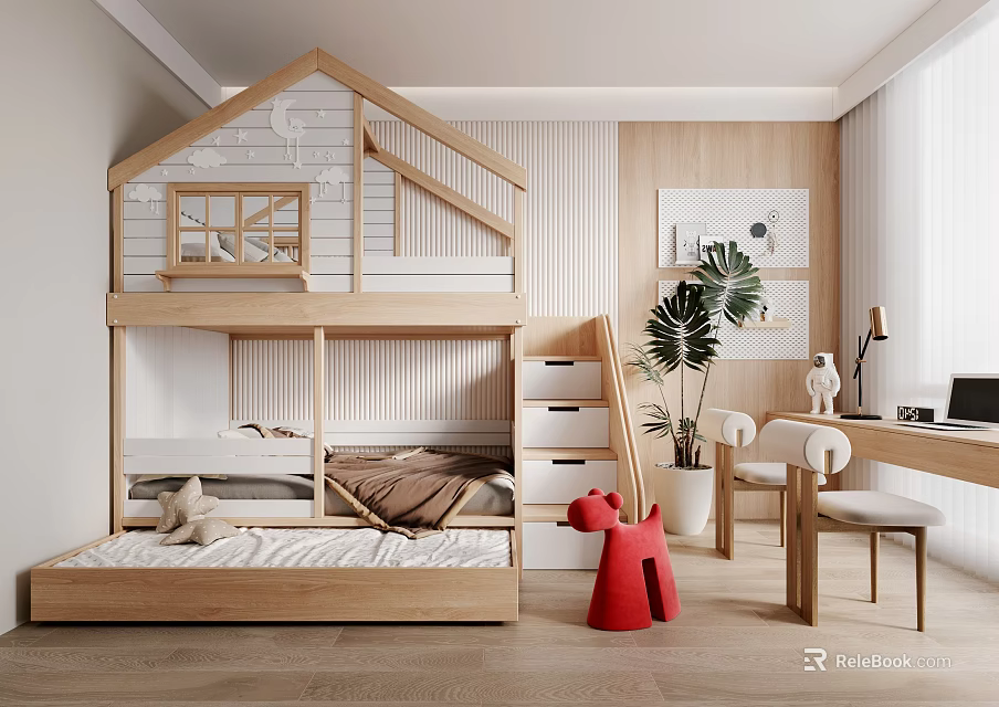 Cozy Kids Room Interior Design With Wooden Bunk Bed Desk Chair Green Plant And Toys 3d model 