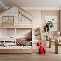 Cozy Kids Room Interior Design With Wooden Bunk Bed Desk Chair Green Plant And Toys