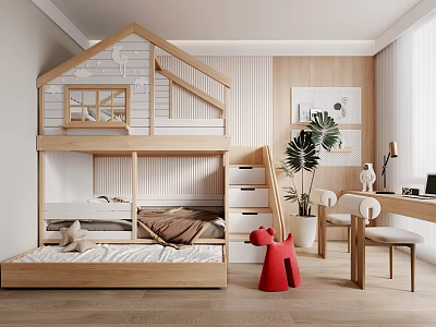 Cozy Kids Room Interior Design With Wooden Bunk Bed Desk Chair Green Plant And Toys 3d model