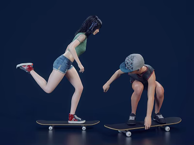 Two Individuals Skateboarding In Dynamic Poses On Dark Background 3d model