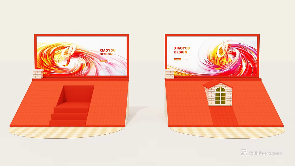Orange Summer Themed Stage With Colorful Swirl Design Steps And Small Window 3d model 