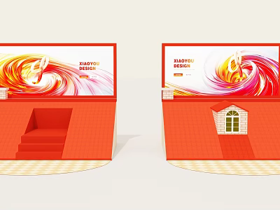 Orange Summer Themed Stage With Colorful Swirl Design Steps And Small Window 3d model