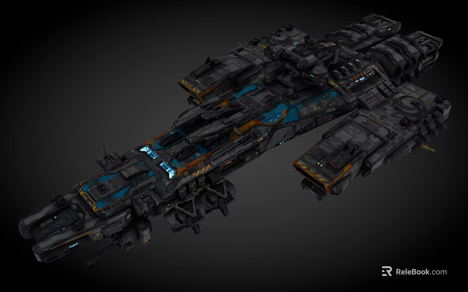 Sci Fi Spaceship Design With Complex Structure Metallic Exterior And Blue Orange Lights 3d model 