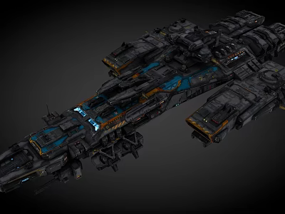 Sci Fi Spaceship Design With Complex Structure Metallic Exterior And Blue Orange Lights 3d model