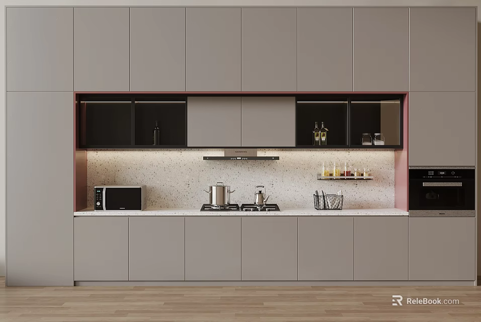 Modern Kitchen Interior Design With Gray Cabinets Under Cabinet Lighting And Countertop Appliances 3d model 
