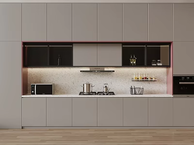 Modern Kitchen Interior Design With Gray Cabinets Under Cabinet Lighting And Countertop Appliances 3d model
