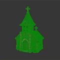 Stone Church Building With Steeple Cross Gray Tiled Roof Arched Windows And Wooden Door