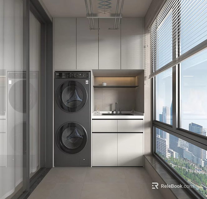 Modern Stacked Black Washing Machine in White Cabinet Laundry Area With Window City View 3d model 