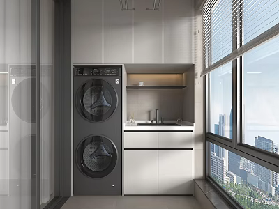 Modern Stacked Black Washing Machine in White Cabinet Laundry Area With Window City View 3d model