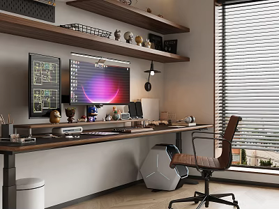 Modern Study Room Interior With Wooden Desk Computer Monitor Bookshelves And Blinds 3d model