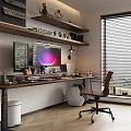 Modern Study Room Interior With Wooden Desk Computer Monitor Bookshelves And Blinds