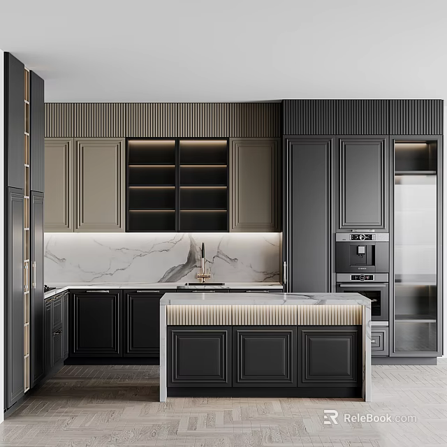 Modern Kitchen Interior With Black Cabinets Marble Island Built in Appliances And Under Cabinet Lighting 3d model 