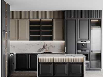 Modern Kitchen Interior With Black Cabinets Marble Island Built in Appliances And Under Cabinet Lighting 3d model