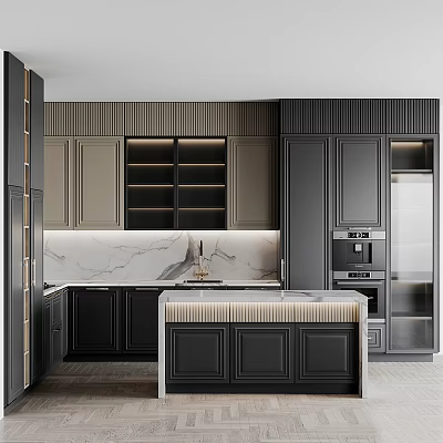 Modern Kitchen Interior With Black Cabinets Marble Island Built in Appliances And Under Cabinet Lighting 3d model