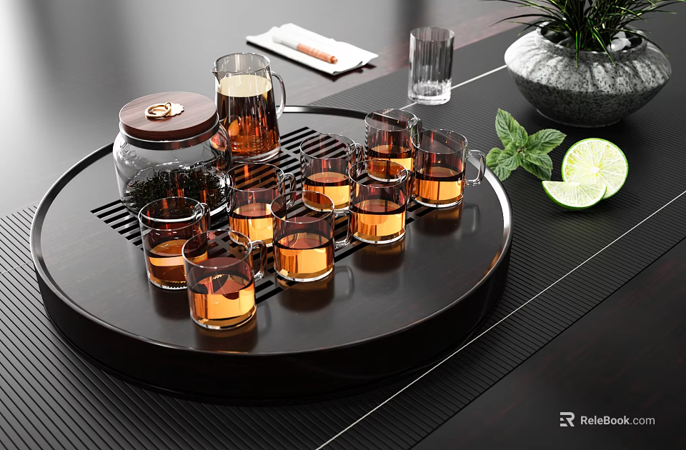 Elegant Glass Tea Set with Teapot Teacups Amber Liquid on Wooden Tray Mint and Lemon 3d model 
