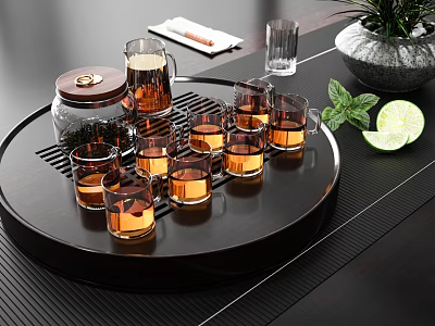 Elegant Glass Tea Set with Teapot Teacups Amber Liquid on Wooden Tray Mint and Lemon 3d model