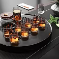 Elegant Glass Tea Set with Teapot Teacups Amber Liquid on Wooden Tray Mint and Lemon