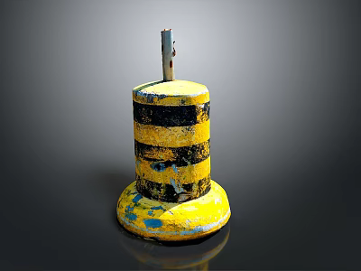 Yellow And Black Striped Traffic Bollard With Metal Top And Base 3d model