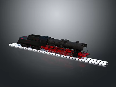 Detailed Black Train Model With Red Wheels On White Tracks 3d model