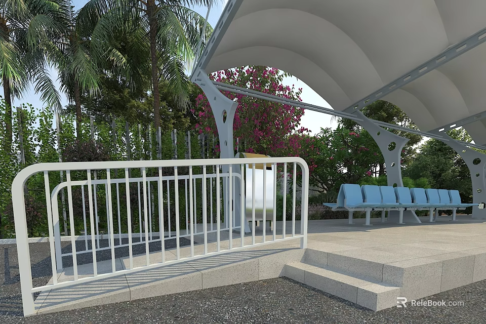 Road Facilities With White Railing Canopy Blue Benches Steps Palm Trees And Green Plants 3d model 
