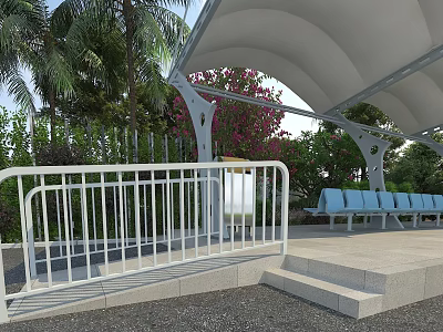 Road Facilities With White Railing Canopy Blue Benches Steps Palm Trees And Green Plants 3d model