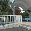Road Facilities With White Railing Canopy Blue Benches Steps Palm Trees And Green Plants