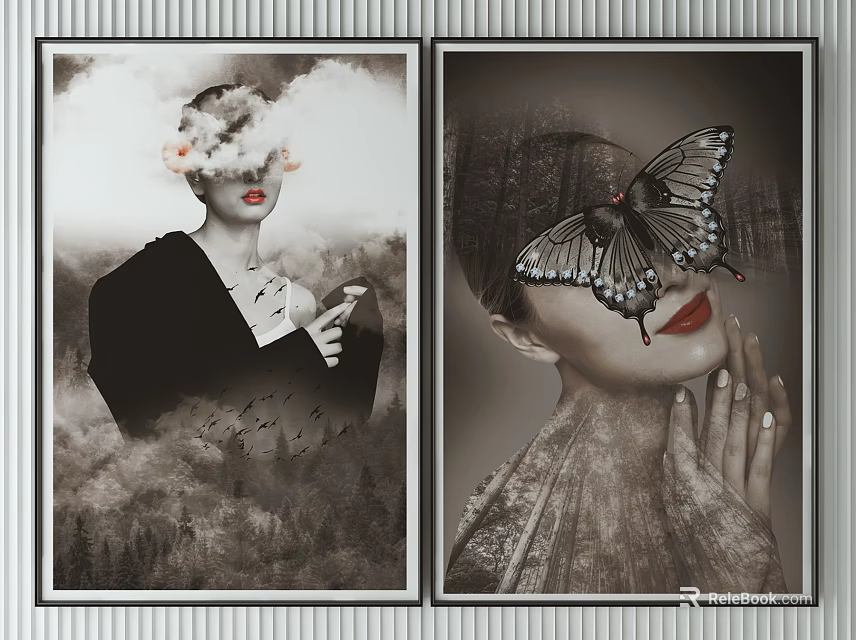 Portrait Paintings With Cloud Head Butterfly Eye Red Lips And Forest Background 3d model 