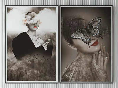 Portrait Paintings With Cloud Head Butterfly Eye Red Lips And Forest Background 3d model