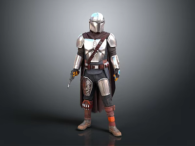 Detailed Silver Armored Warrior with Brown Cloak and Weapon in Standing Pose 3d model