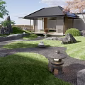 Traditional Karesansui Zen Garden With Mossy Stones Raked Gravel Pathways And Stone Lantern