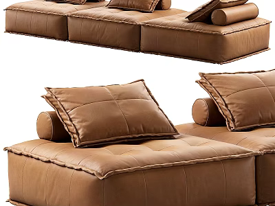 Modern Brown Leather Three-Seater Sofa With Plush Cushions And Accent Pillows 3d model