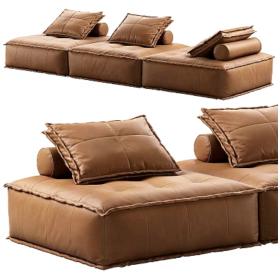 Modern Brown Leather Three-Seater Sofa With Plush Cushions And Accent Pillows 3d model