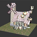 Cartoon Scene Featuring Windmill Cottage With Red Roof Pumpkins Black Cat On Green Grass And Petals
