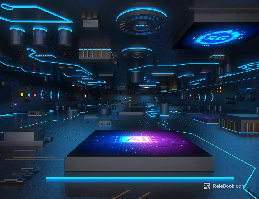 Futuristic Tech Interior Space With Blue Neon Lights And Circular Devices On Illuminated Floor 3d model 