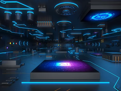 Futuristic Tech Interior Space With Blue Neon Lights And Circular Devices On Illuminated Floor 3d model