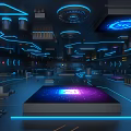Futuristic Tech Interior Space With Blue Neon Lights And Circular Devices On Illuminated Floor
