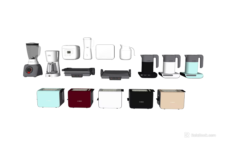 Assorted Colorful Kitchen Appliances Including Blenders Toasters And Kettles For Home Use 3d model 