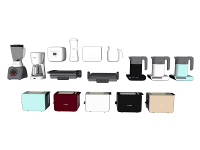 Assorted Colorful Kitchen Appliances Including Blenders Toasters And Kettles For Home Use 3d model
