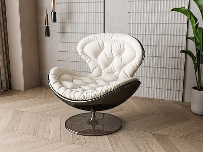 Modern Leisure Chair With Cream Tufted Cushion Black Frame Round Base Wooden Floor Green Plant 3d model