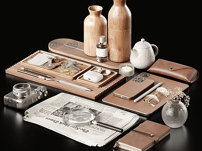 Organized Tabletop Accessories With Wooden Vases Teapot Camera Notebook And Newspaper 3d model