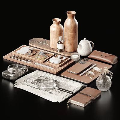 Organized Tabletop Accessories With Wooden Vases Teapot Camera Notebook And Newspaper 3d model